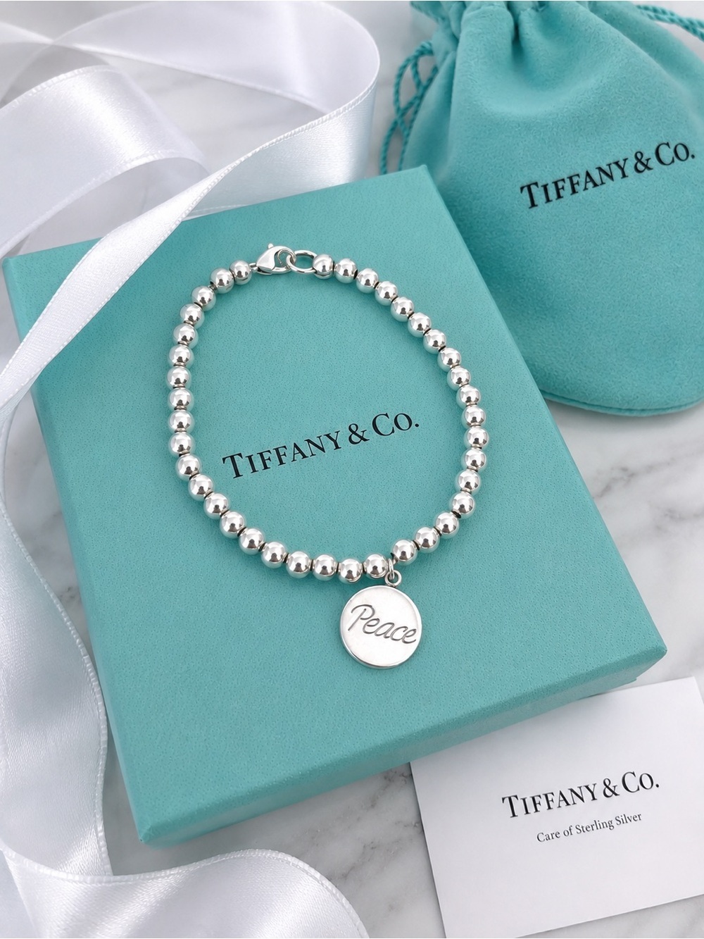 Rare Tiffany & Co. Paloma Picasso Graffiti Peace 4mm Bead Bracelet 6.75” Retired